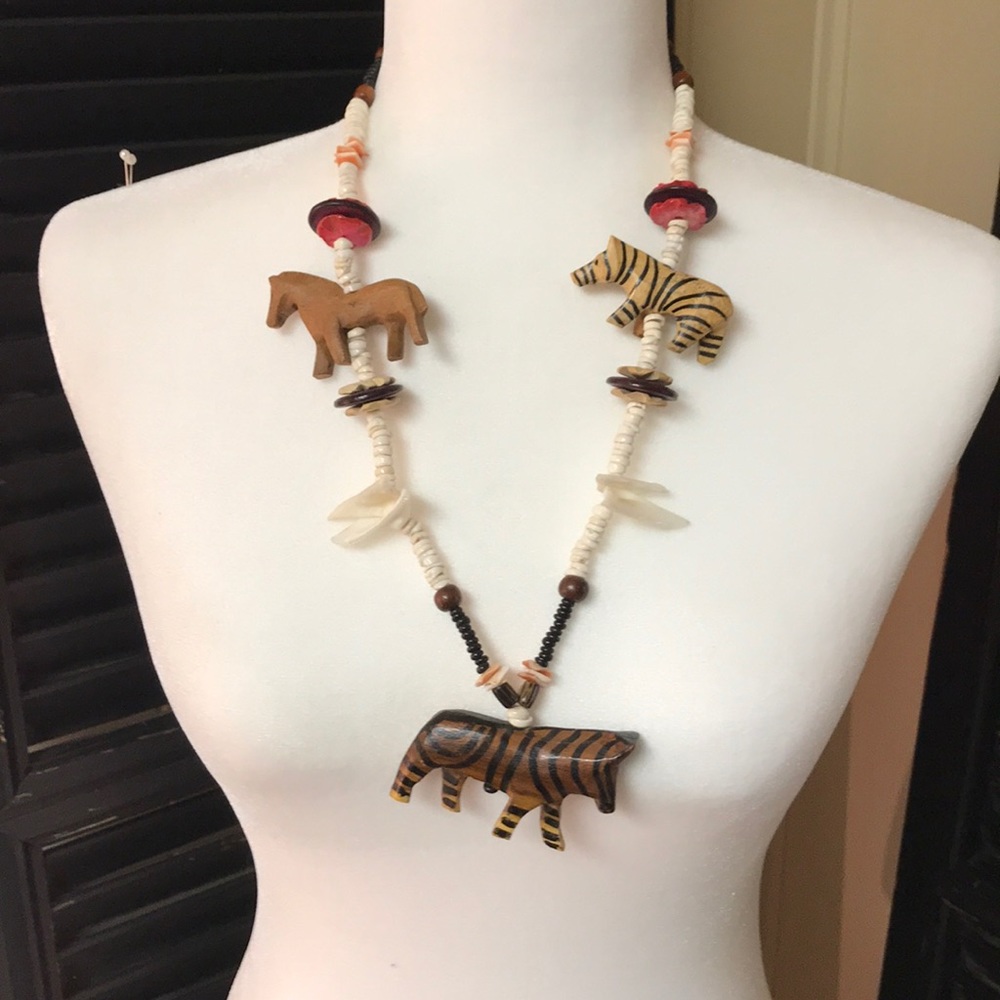Wood & white Jade Safari statement‎ Necklace